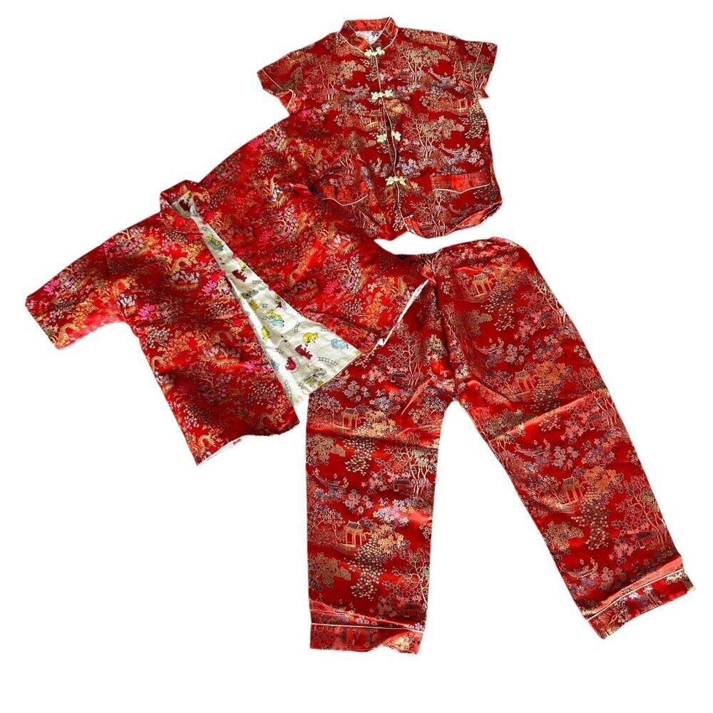Peony Brand Shanghai Chinese Vintage Girls Red Brocade Jacket Shirt Pants